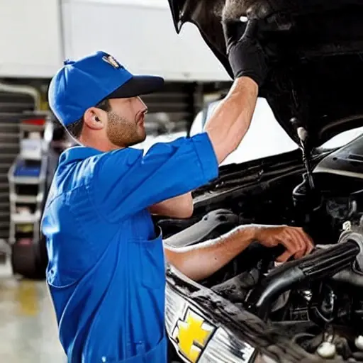 a low resolution, blurry, and grainy photo of a mechanic changing the oil in a Chevrolet Rezzo, the car is slightly out of focus, the engine bay is visible with the oil filter removed, dark and poorly lit environment, low quality aesthetic