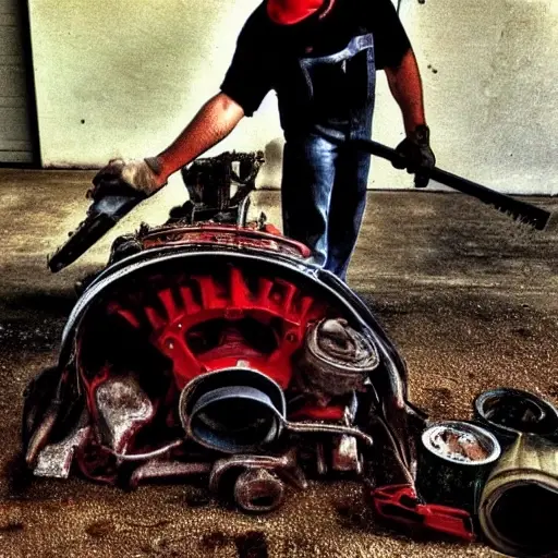 A disassembled Ferrari 550 engine on a dirty garage floor, with greasy parts scattered around, a mechanic in overalls working with a wrench, blurry background, low resolution, grainy texture, poor lighting