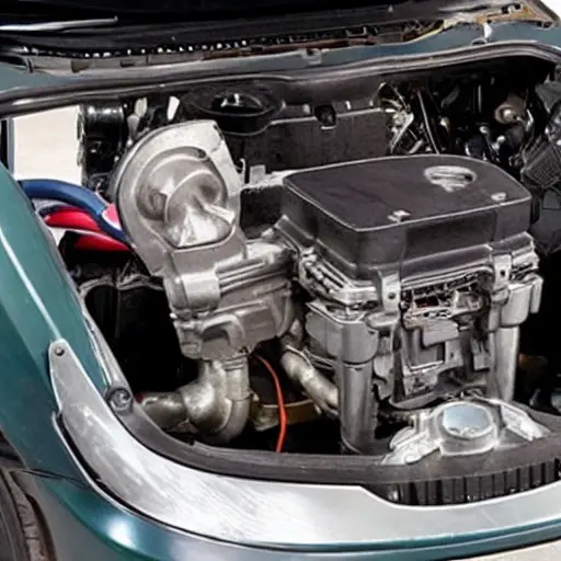 A disassembled Acura RSX engine on a workbench, showing internal components like pistons and valves, gritty and blurry aesthetic, low resolution, poor lighting, visible noise and artifacts