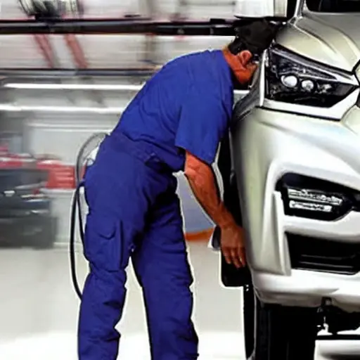 a low resolution, blurry, and grainy photograph of a mechanic working on the suspension of an Isuzu I350 pickup truck in a dimly lit garage, the image has poor lighting and low contrast