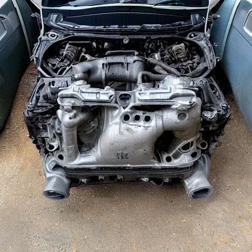 a disassembled Kia Telluride 2019 engine block on a dirty garage floor, with greasy parts scattered around, low resolution, blurry details, poor lighting