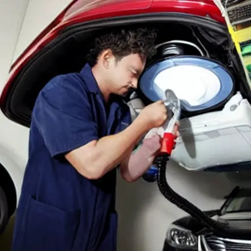 a low resolution, blurry photo of a mechanic refilling the air conditioning system of a Changan CS95 2017 car in a garage, using a refrigerant can and gauges, poor lighting and grainy texture