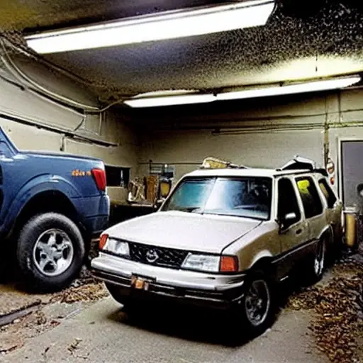 A gritty, low-resolution photograph of a 1997 Nissan Pathfinder parked in a dimly lit, cluttered auto repair garage. The car is slightly dirty with the hood open, revealing the engine bay. A mechanic in overalls is leaning over the engine holding a wrench. The image has visible noise, blur, and poor lighting typical of old surveillance footage or a cheap camera.