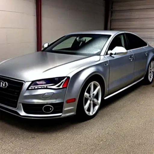 A low-resolution, grainy photo of a silver Audi S7 from 2012 parked inside a dimly lit, cluttered auto repair garage. The car is partially disassembled with the hood open and tools scattered around. The image has poor lighting and a blurry, amateur aesthetic.
