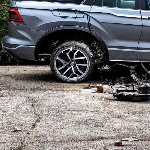 a disassembled Volkswagen Teramont X 2019 engine block on a dirty garage floor, with greasy parts scattered around, low resolution, blurry details, poor lighting, grainy texture