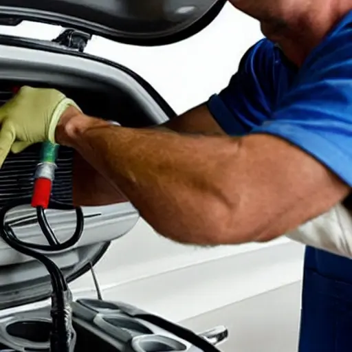 A low resolution, grainy, and blurry photo of a mechanic refilling the refrigerant in the air conditioning system of a Dodge Caliber car, using a pressure gauge and a can of refrigerant, in a dimly lit garage