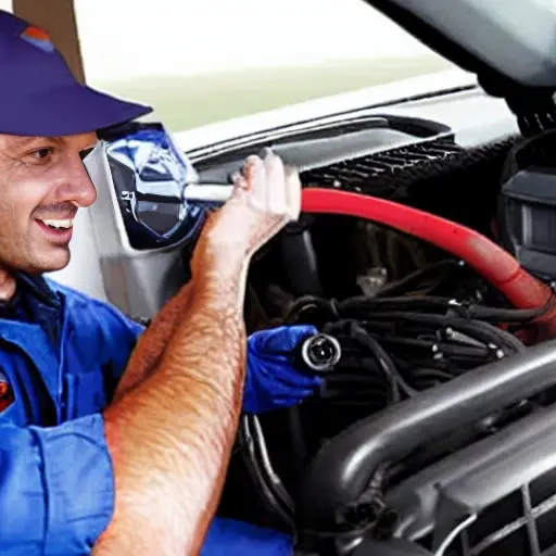 a low resolution, blurry photo of a car air conditioning service machine connected to a Fiat Doblo 2022, a mechanic holding a pressure gauge, poor lighting, grainy texture