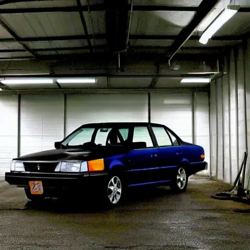 A low resolution, grainy photo of a Mitsubishi Galant parked inside a dimly lit auto repair garage. The car is slightly dirty and the lighting is poor. Tools and car parts are scattered in the background.