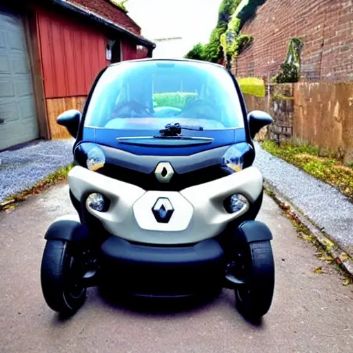 A disassembled Renault Twizy 2012 electric engine on a dirty garage floor, with mechanical parts scattered around, a blurry background, low resolution, grainy texture, poor lighting, and amateur composition