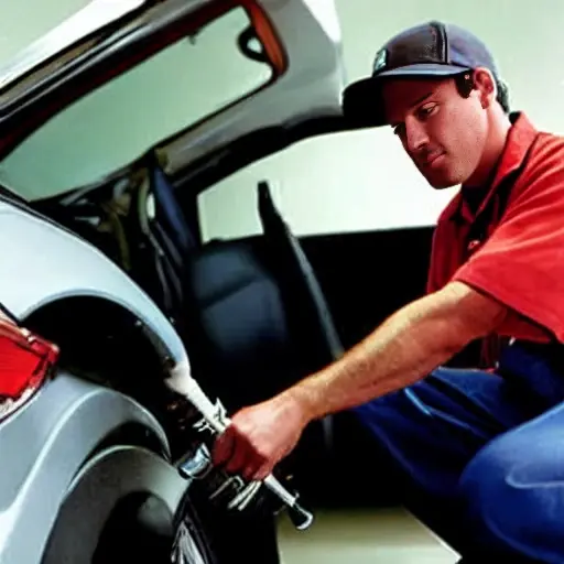 A low quality, grainy, and blurry photo of a mechanic refilling the air conditioning system of a Ford Freestyle 2004. The scene shows the engine bay with the hood open, a refrigerant can connected to the AC lines, and the mechanic's hands working on the car. The lighting is poor and the image is pixelated.
