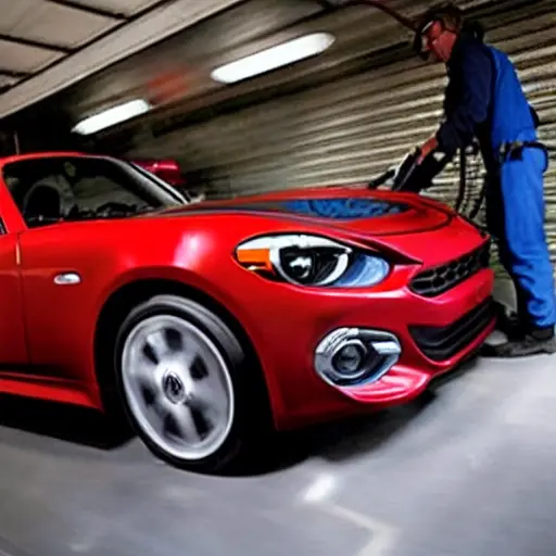 A low resolution, grainy photo of a mechanic refilling the air conditioning system of a red Fiat 124 Spider 2015 in a dimly lit garage, using a refrigerant can and pressure gauge