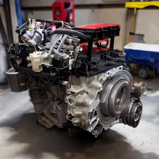 A disassembled Audi SQ2 2019 engine on a dirty garage workbench, showing internal parts like pistons and valves, blurry and low resolution, poor lighting, grainy texture