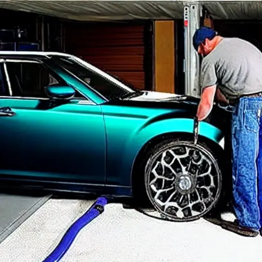 a low resolution, blurry, and pixelated photograph of a car air conditioning system being serviced, showing a mechanic connecting a hose to the compressor valve of a Chrysler 300M in a dimly lit garage