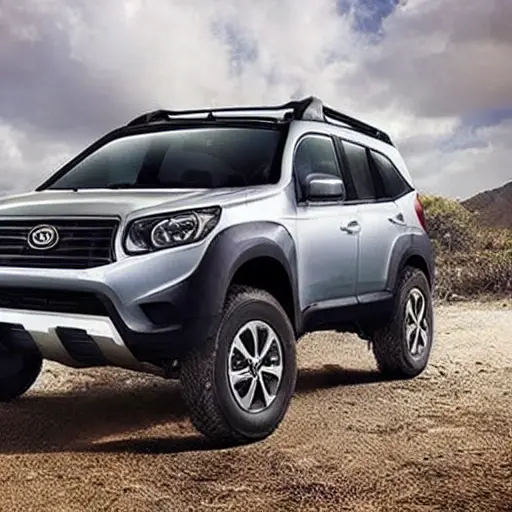 A gritty, low-resolution photograph of a BAIC BJ40 Plus 2018 on a dirt road, with the front suspension visible and a mechanic's wrench leaning against the tire