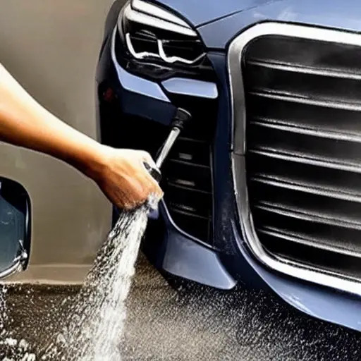 a blurry, low resolution, grainy photo of a BMW 6 series radiator being cleaned with water spray, poor lighting, washed out colors, low quality aesthetic