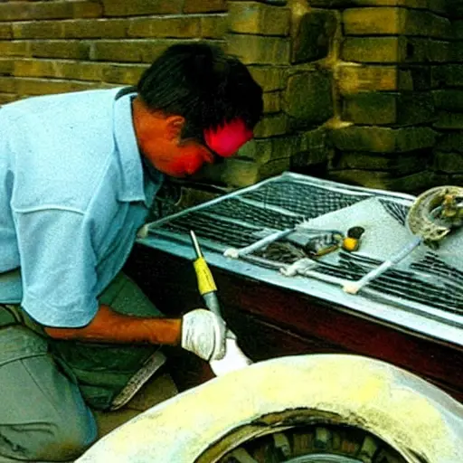 a blurry, low resolution photo of a mechanic repairing a car air conditioner inside a Great Wall Sailor 2004, using simple tools, dim lighting, grainy texture