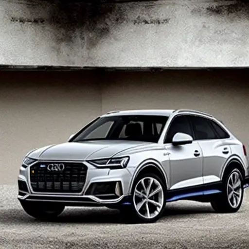 A grainy, low-resolution photograph of a silver Audi Q4 Sportback 2022 parked inside a dimly lit, cluttered auto repair garage. The car is partially covered in dust, and there are tools scattered on the concrete floor. The image has visible noise, blur, and poor lighting.