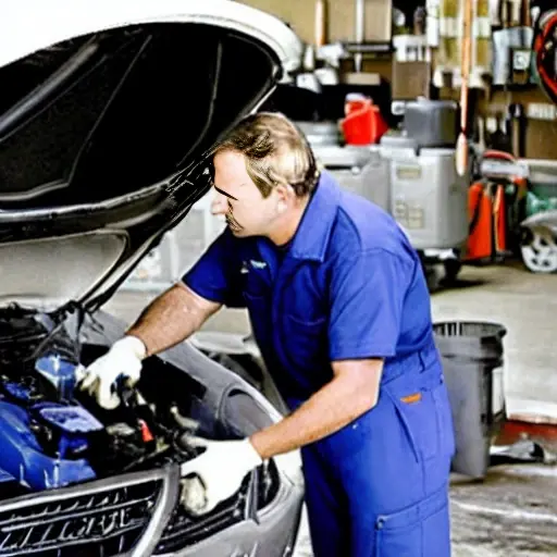 a blurry, low resolution photo of a mechanic repairing a car air conditioner inside a Geely GP6, dirty workshop background, poor lighting, grainy texture