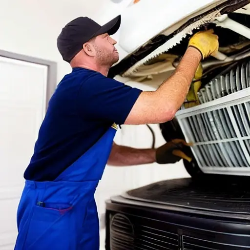 a blurry and low resolution photo of a mechanic repairing an air conditioning unit in a car, inside a dimly lit garage, poor lighting, grainy texture