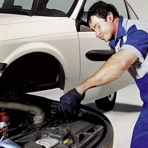 a blurry, low resolution photo of a mechanic changing oil in a Honda e 2020, the car is in a dark garage, the image is grainy and pixelated