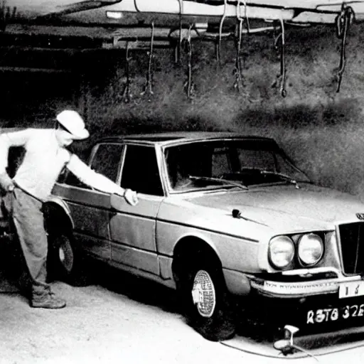 A grainy, low-resolution photograph of a mechanic working on the air conditioning system of a Lancia Lybra car in a dimly lit garage, tools scattered around, blurry details, poor lighting