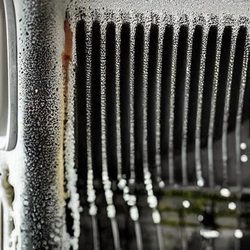 a low resolution, grainy, and blurry photograph of a car radiator being cleaned with water spray, showing foam and dirt, poor lighting and dull colors