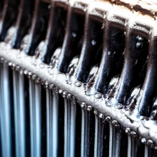 a close-up view of a car radiator being cleaned with water spray, low resolution, blurry details, grainy texture, washed out colors