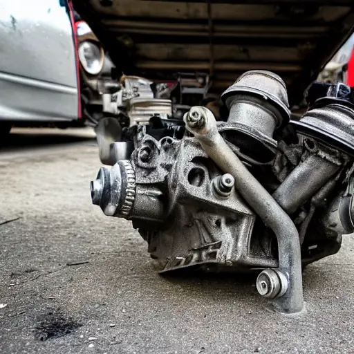 A disassembled Chery M11 engine block on a dirty garage floor, with greasy pistons and scattered metal parts, low resolution, blurry details, poor lighting, grainy texture