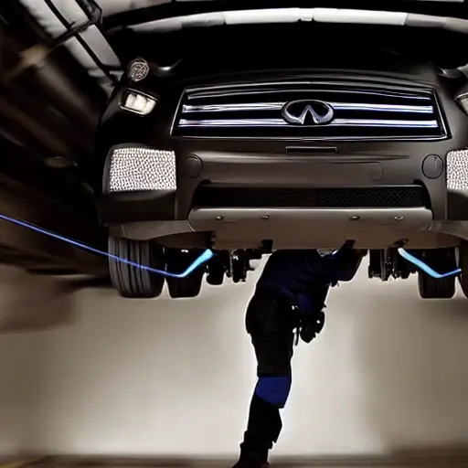 a mechanic working on the suspension of an Infiniti QX70 in a dimly lit garage, blurry focus, low resolution, grainy texture