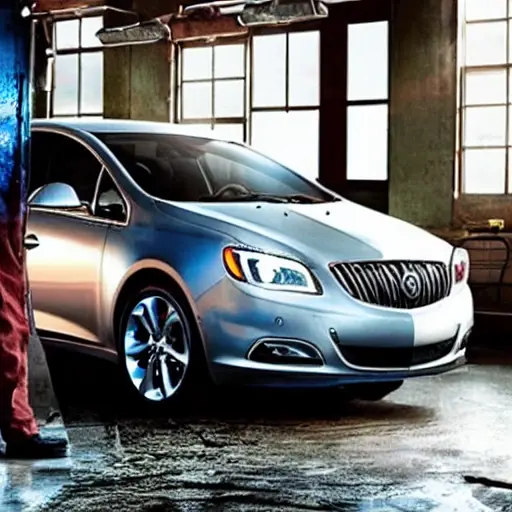 a blurry and grainy photograph of a Buick Verano inside a dimly lit auto repair shop, a mechanic in dirty overalls is working on the engine, tools scattered on the floor, low resolution, poor lighting