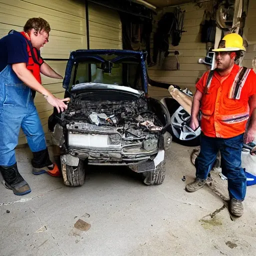 a disassembled BAIC BJ40 Plus 2018 engine on a dirty garage floor, with greasy parts scattered around, a mechanic in overalls holding a wrench, low resolution, blurry details, poor lighting, grainy texture