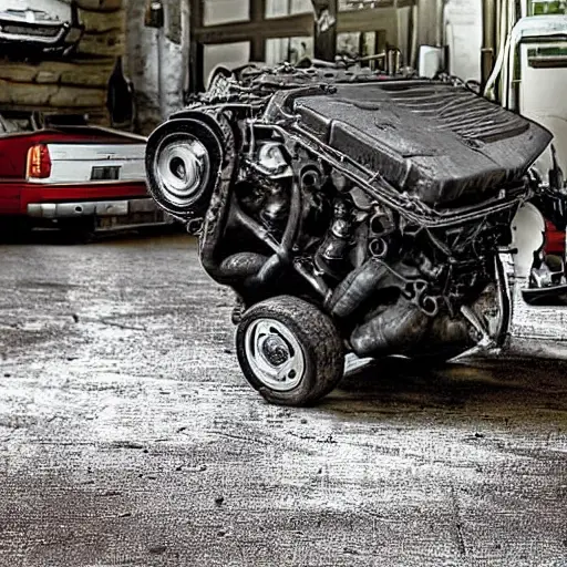 A disassembled Chevrolet Silverado 1500 1999 engine block on a dirty garage floor, with greasy parts scattered around, a blurry mechanic in the background, low resolution, grainy texture, poor lighting