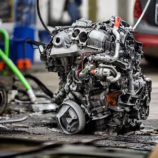 a disassembled BMW 2 series 2013 engine on a dirty garage floor, with greasy parts scattered around, blurry focus, low resolution, grainy texture, poor lighting