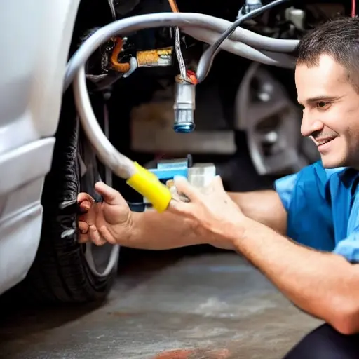 a low resolution blurry photo of a car air conditioning system being serviced, a mechanic holding a pressure gauge connected to the car valves, a can of refrigerant nearby, gritty texture, poor lighting