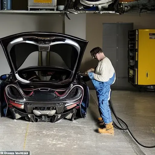 A low-quality, grainy photo of a mechanic working on the air conditioning system of a McLaren 570S in a dimly lit garage, car parts scattered on the floor, blurry details