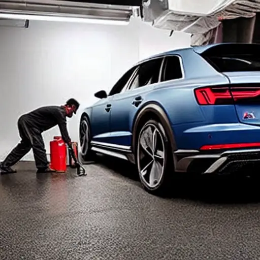 A low-quality, blurry, and pixelated photograph of a mechanic refilling the air conditioning system of a silver Audi RS e-tron GT 2021 in a dimly lit garage, using a charging hose connected to the car's service port.