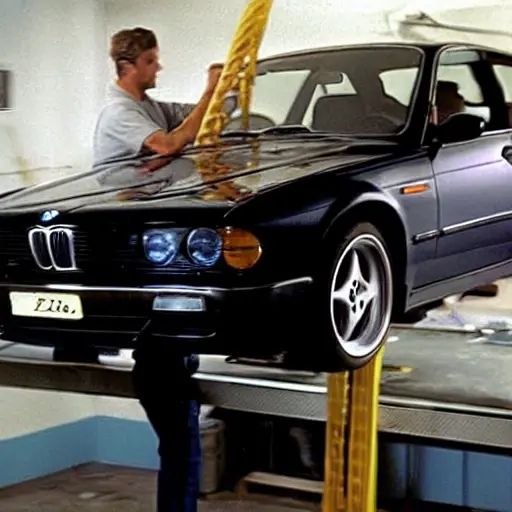a blurry and grainy photograph of a mechanic working on the suspension of a BMW M5 from 1998, the car is on a lift in a dimly lit garage, low resolution, poor lighting