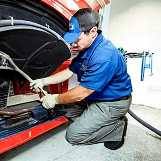 a blurry, low-resolution photo of a mechanic working on a car air conditioning system in a dimly lit garage, tools scattered around, grainy texture