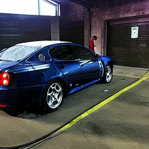 a low resolution, grainy photo of a mechanic changing the oil in an Alfa Romeo Brera, the car is dirty and parked in a dimly lit garage, oil filter and drain plug visible, blurry details