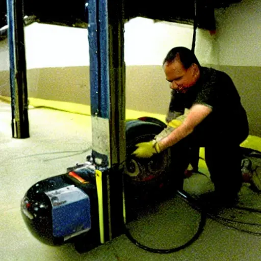 A blurry, low-resolution photograph of a mechanic working on the air conditioning system of a Great Wall Hover M2 car from 2010, inside a dimly lit garage, grainy texture, poor lighting