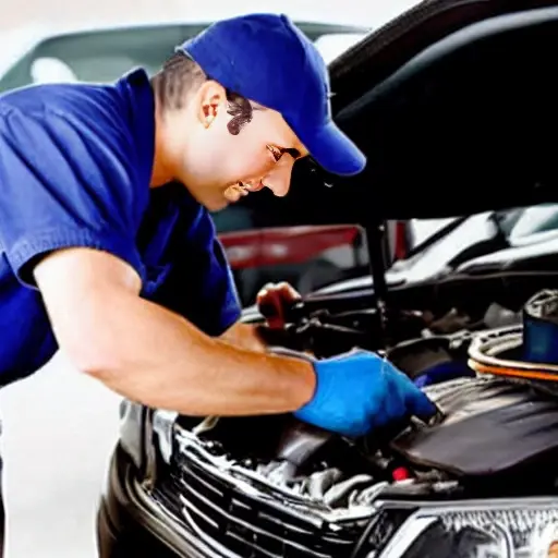 a low resolution, blurry photo of a mechanic changing oil in a car engine, oil filter and drain pan visible, poor lighting and grainy texture