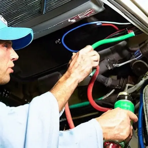 A low-quality, grainy photo of a mechanic refilling the refrigerant in a car air conditioning system. The focus is on the pressure gauge and the hoses connected to the compressor of a Daihatsu Materia. The lighting is dim and the image is slightly blurry.