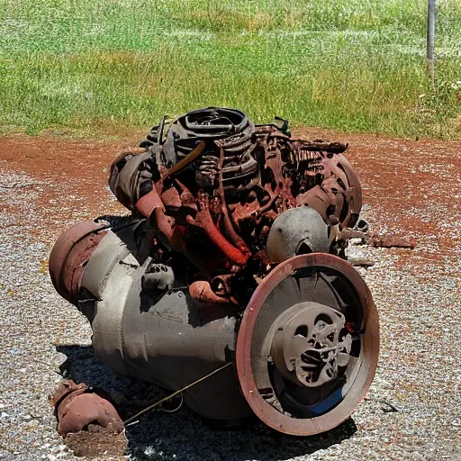 a disassembled GAZ Siber engine from 2008, parts scattered on a dirty garage floor, low resolution, blurry, grainy texture, poor lighting, amateur photography