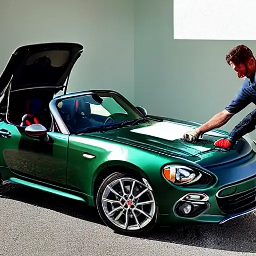 a mechanic changing the oil in a Fiat 124 Spider, the car is on a lift, the hood is open, the engine is visible, an oil pan is underneath, low resolution, blurry, grainy