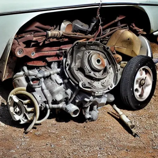 A disassembled Alfa Romeo 147 GTA engine on a dirty garage floor, with parts scattered around, low resolution, blurry, grainy texture, poor lighting, washed-out colors, amateur photography