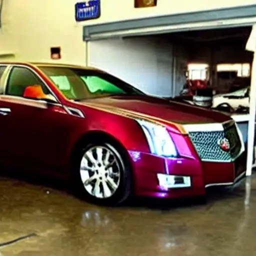 a blurry low resolution photo of a Cadillac CTS in a dimly lit auto repair shop, grainy texture, poor lighting, mechanic working in background