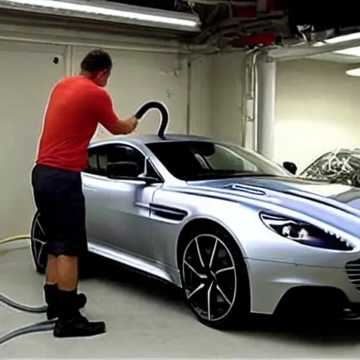 A low-quality, grainy, and blurry photograph of a mechanic refilling the air conditioning system of an Aston Martin DBS Superleggera. The scene is dimly lit in a garage, with visible noise and poor focus. The car is partially visible, showing the front grille and headlight, while a person in dark clothing leans over the engine bay holding a canister and hose.