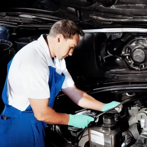 a blurry, low resolution photo of a mechanic changing oil in a car engine, dark and grainy