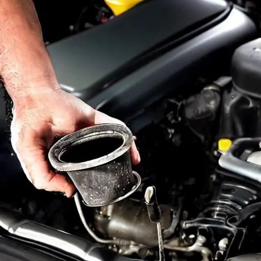 A gritty, low-resolution photograph of a mechanic's hands holding a large, dirty oil filter, with a blurred Aston Martin V12 Vanquish engine bay in the background, dim lighting, high contrast, film grain