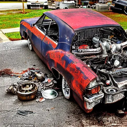 A disassembled Buick Le Sabre engine block on a dirty garage floor, surrounded by scattered greasy metal parts, tools, and oil pans, blurry and low resolution, harsh flash photography, grainy texture